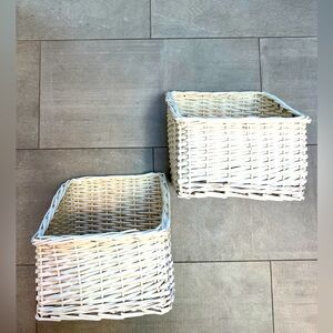 Set of 2 White Wicker Storage Baskets - sloped front. Perfect to organize stuff!